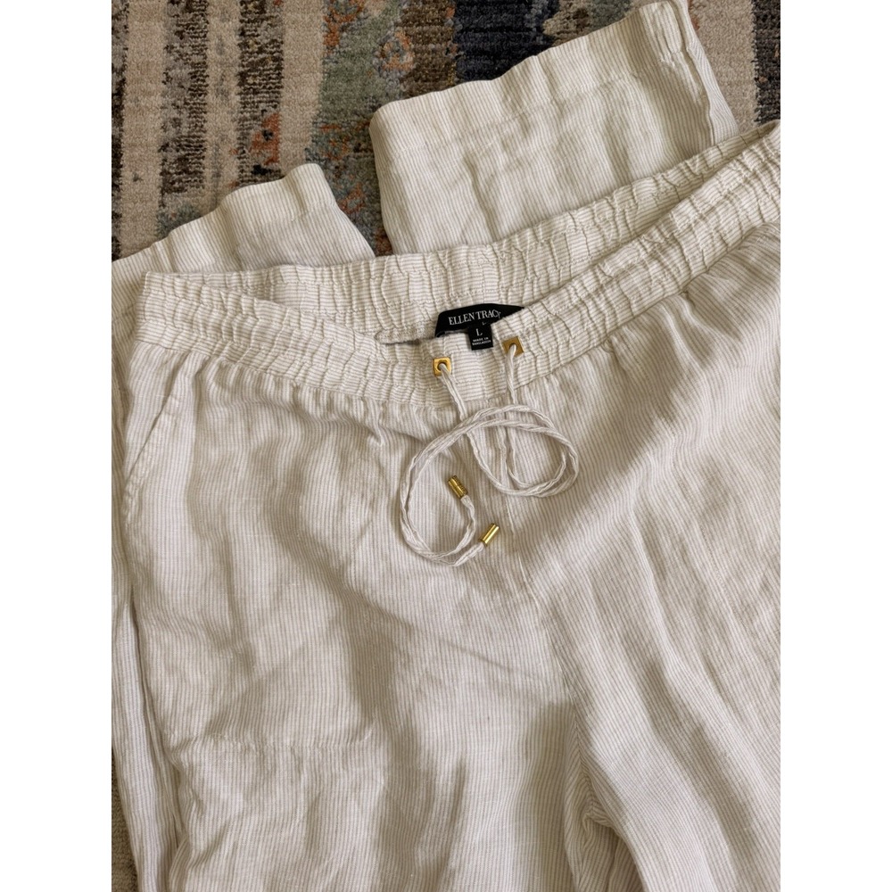 Ellen Tracy Striped Linen khaki White pants Trousers Womens Sz L